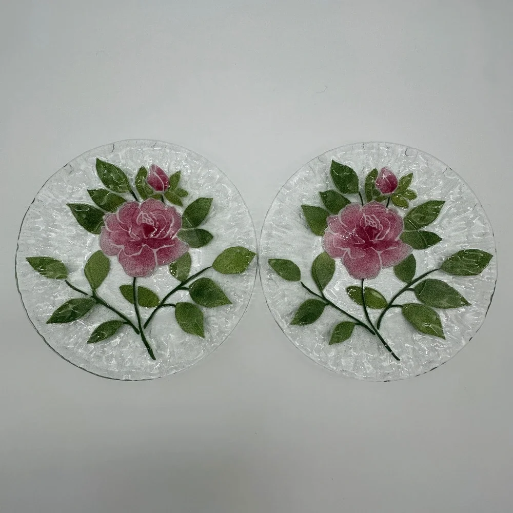 2 set Sydenstricker Fused Glass Pink Rose Plates Signed Syd Cape Cod 8.25in